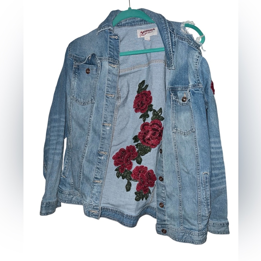 Arizona Jean  Light Blue With red Embroidered Flowers Denim Distressed Jacket